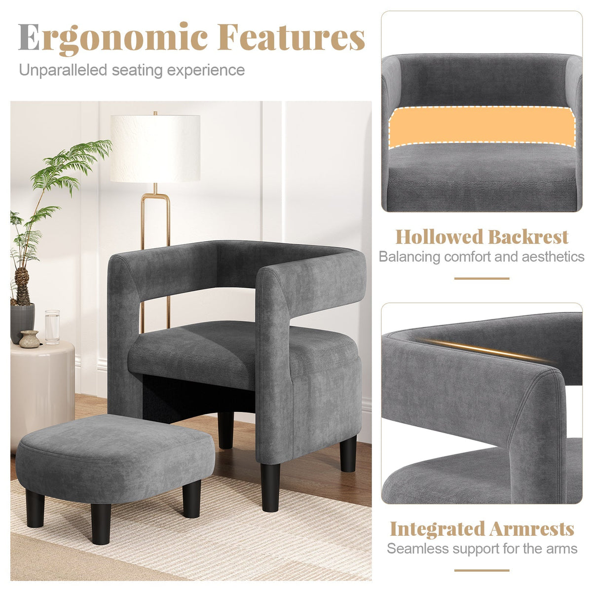 Comfy Accent Armchair with Footrest-Gray