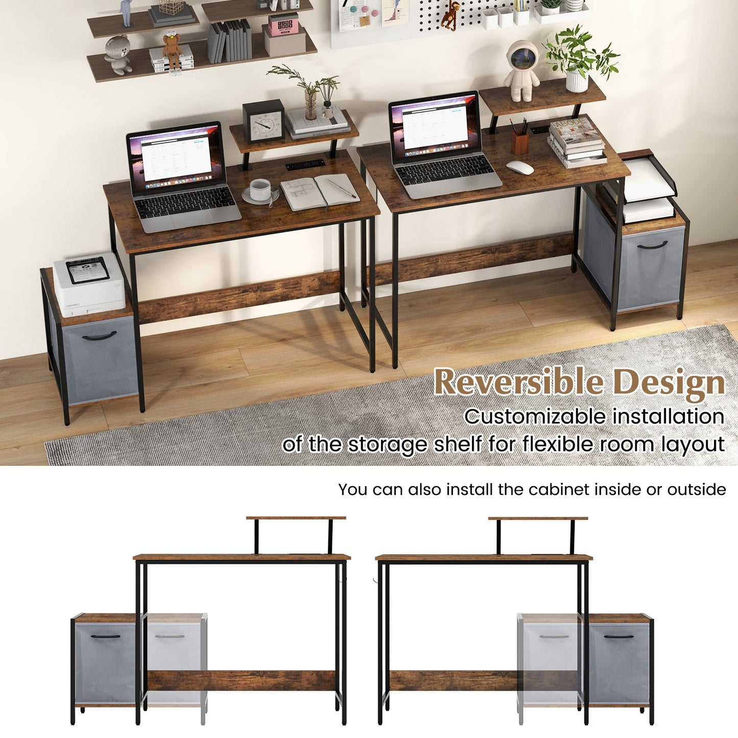 Computer Desk with Reversible Storage Drawer and Moveable Shelf-Brown