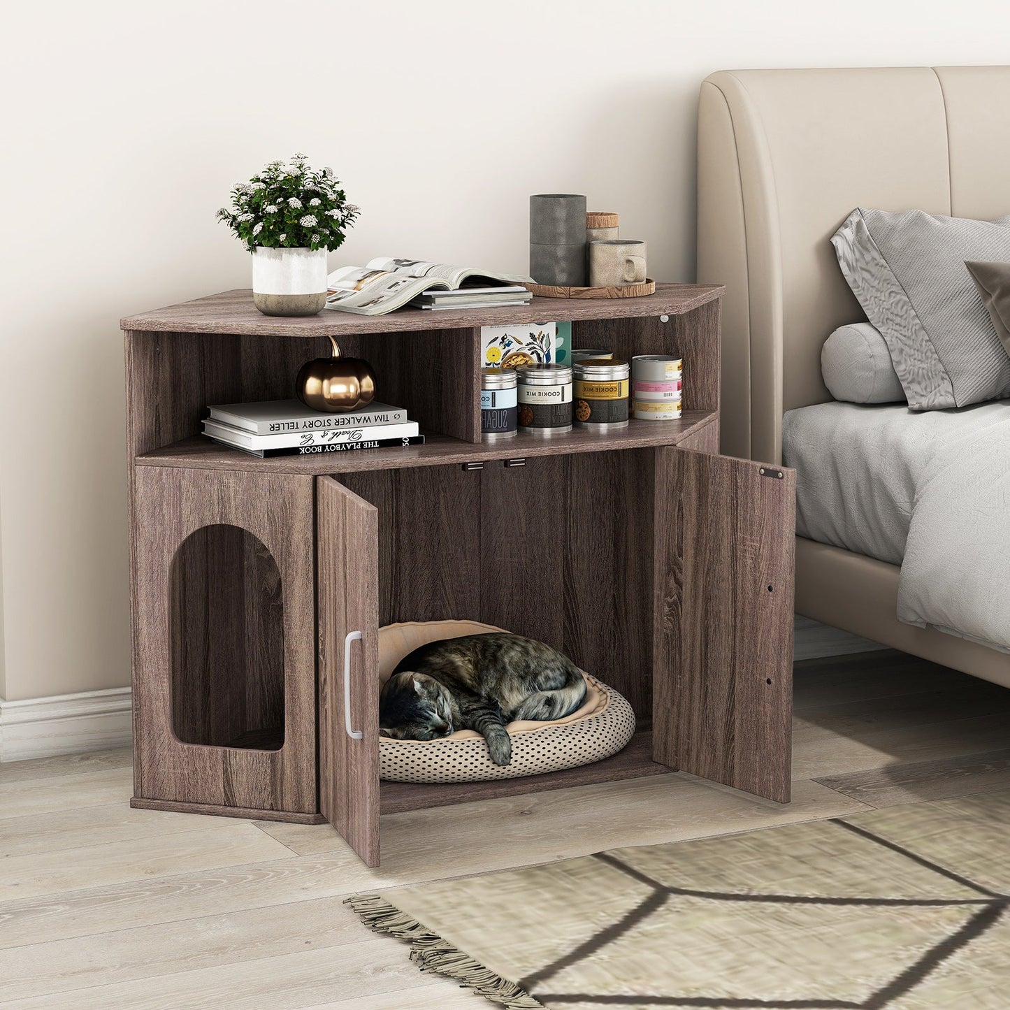 Corner Cat Litter Box Enclosure with Storage Shelves and Double Doors-Gray
