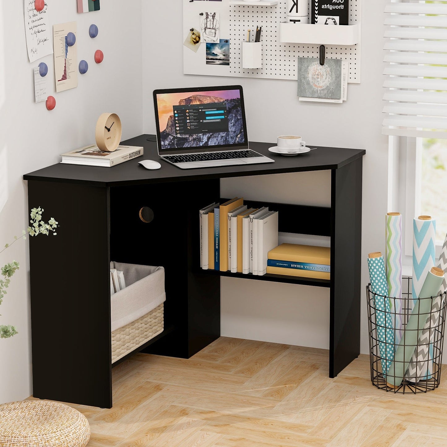 Corner Computer Desk with Storage Shelf - Triangle Design