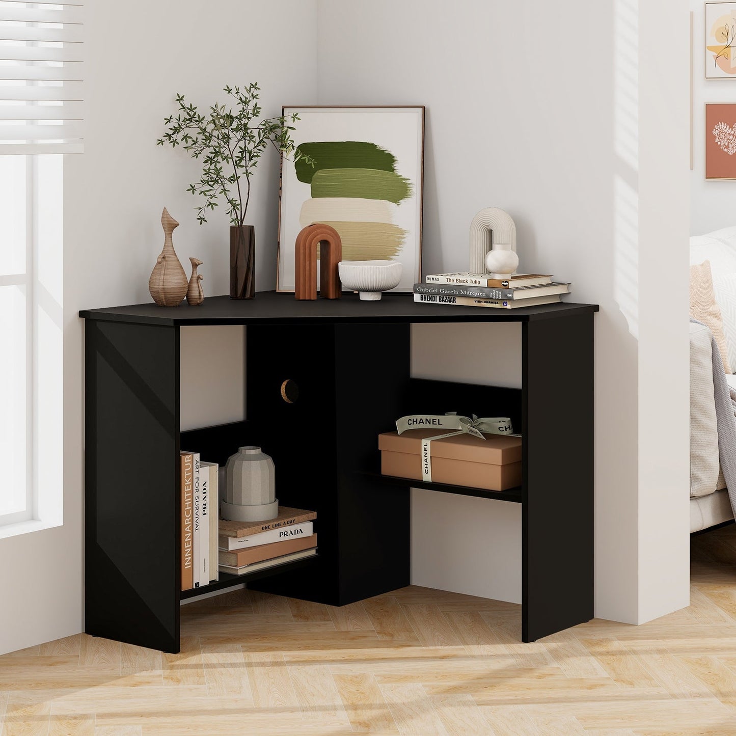 Corner Computer Desk with Storage Shelf - Triangle Design