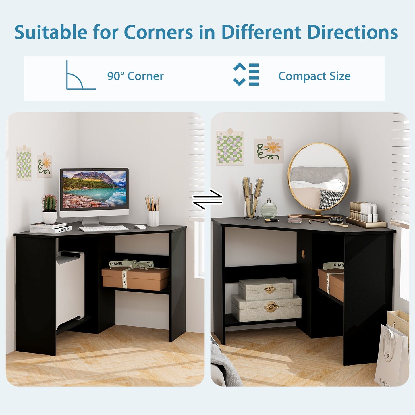Corner Computer Desk with Storage Shelf - Triangle Design