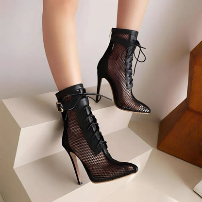 Cream Mesh Lace Up Large Size Stiletto High Heel Boots