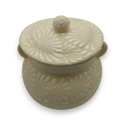 Cream Talavera Bean Pot with Lid | Handmade Mexican Clay