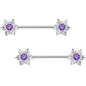 9/16 Purple CZ Gem Shimmering Flower Petal Barbell Nipple Ring Set
