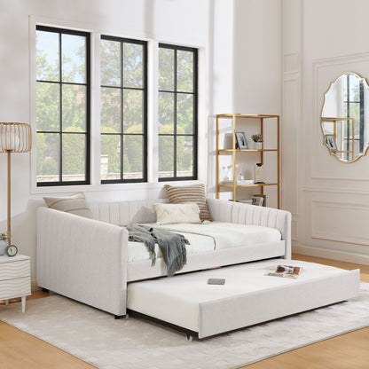 Upholstered Daybed With Trundle With Vertical Stripes