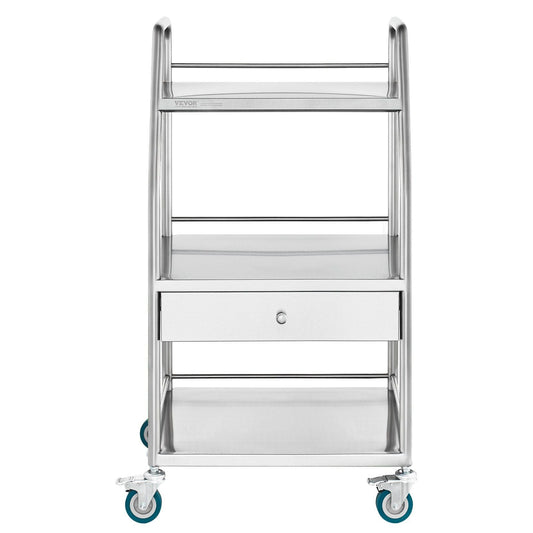 Lab Serving Cart, 3 Layers Stainless Steel Utility Rolling Cart, Medical Cart with A Drawer, Dental Utility Cart with Lockable Wheels, for Laboratory, Hospital, Dental Use