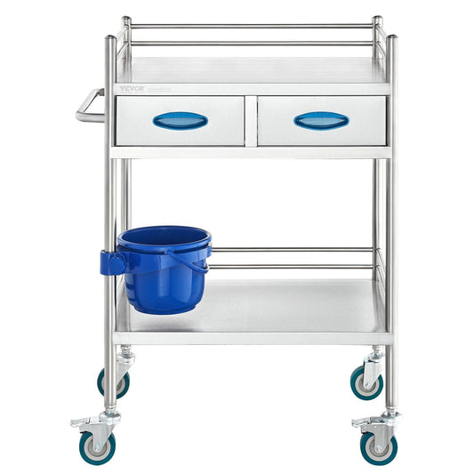 Lab Serving Cart, 2 Layers Stainless Steel Utility Rolling Cart, Medical Cart with Two Drawers, Dental Utility Cart with Lockable Wheels and A Bucket, for Laboratory, Hospital, Dental Use