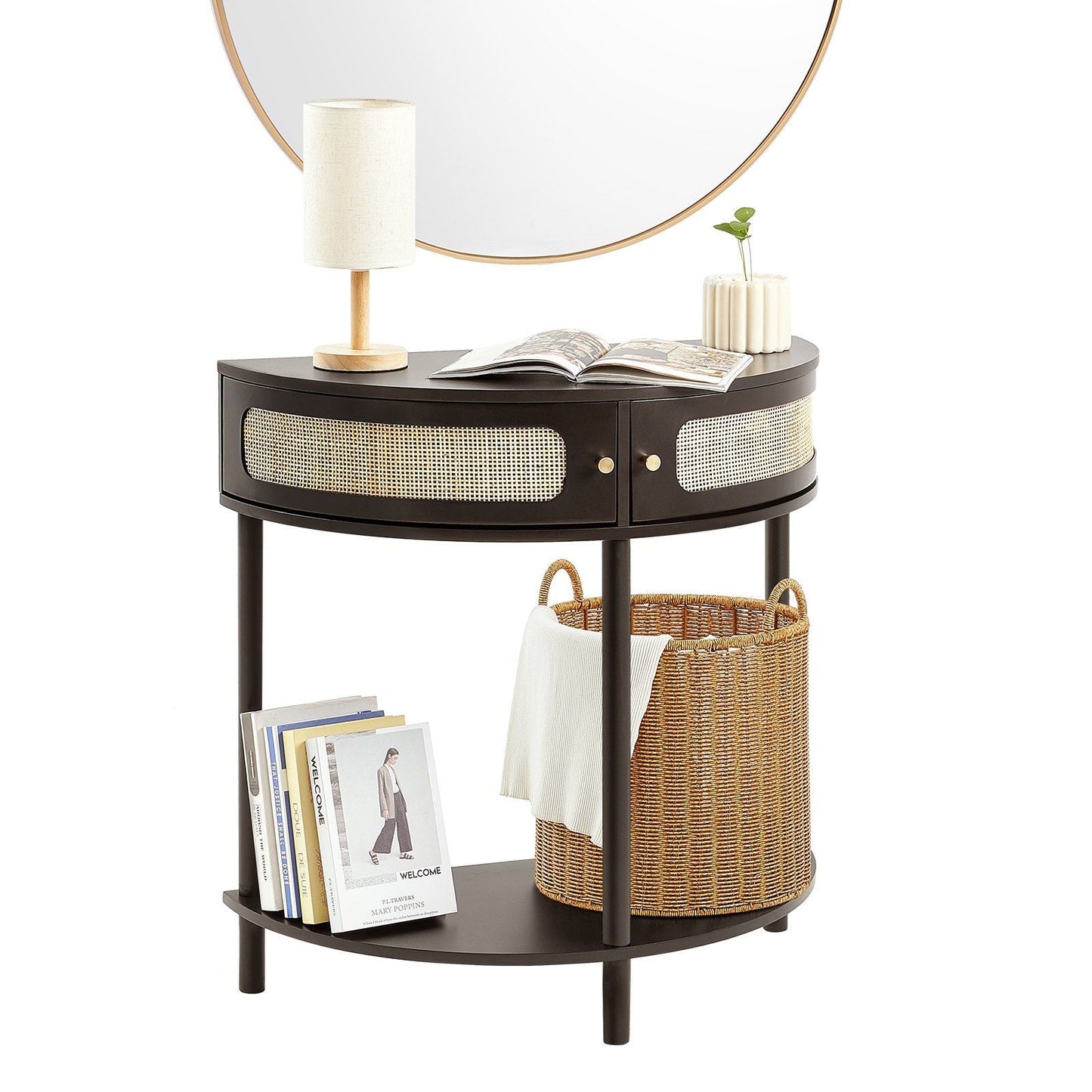 Half-moon Rattan Console Table 2 Storage Drawers Rattan Sliding Door Black