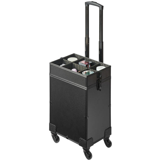 5 in 1 Professional Makeup Train Case Aluminum Cosmetic Case, Rolling Makeup Case Extra Large Trolley Makeup Travel Organizer, with 360° Swivel Wheels & Adjustable Pull Rod, Black