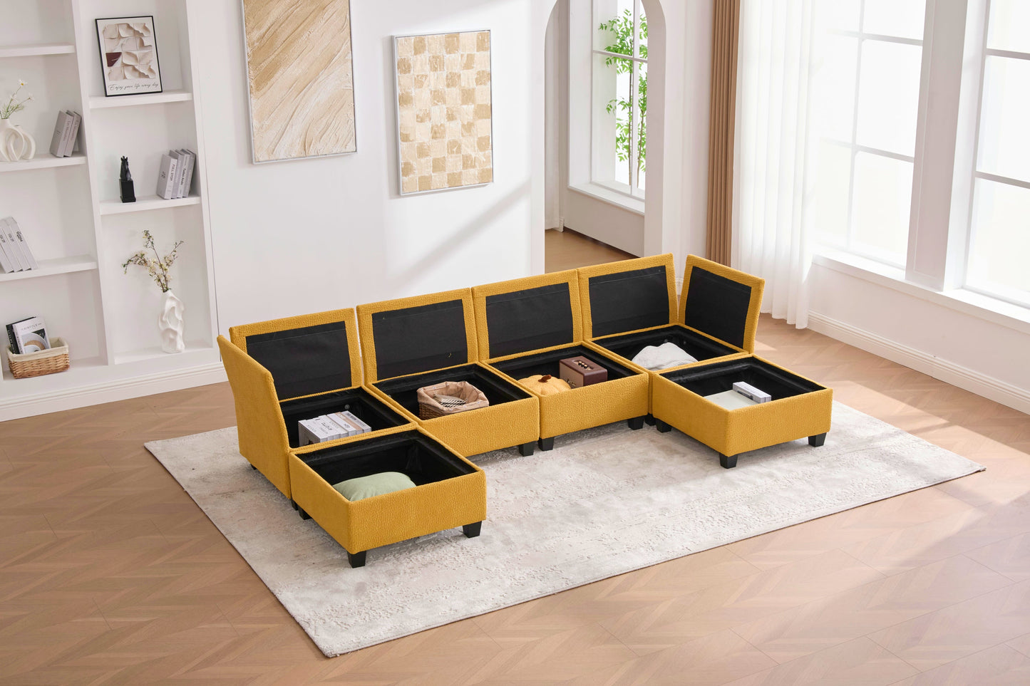 Sectional Sofa U-Shape 6 Seat Mustard Yellow Storage Ottoman