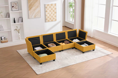 Sectional Sofa U-Shape 6 Seat Mustard Yellow Storage Ottoman
