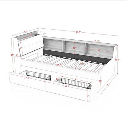 Upholstered Daybed With Storage Headboard, Wireless Charging, LED Lights