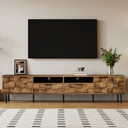 TV Stand Mid-Century Natural Particle Board 2-Drawer Open Storage Fits 85 In TV