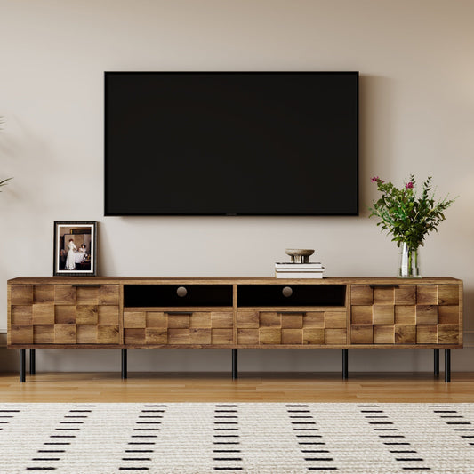 TV Stand Mid-Century Natural Particle Board 2-Drawer Open Storage Fits 85 In TV