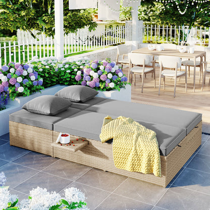 Outdoor Double Sunbed, Wicker Rattan Patio Reclining Chairs with Adjustable
