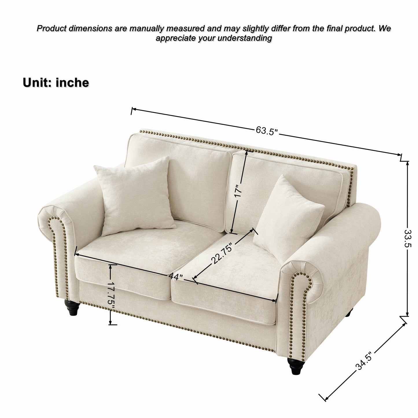 Loveseat Chenille Beige Rolled Arms Nailhead Trim 63 In 700 LB