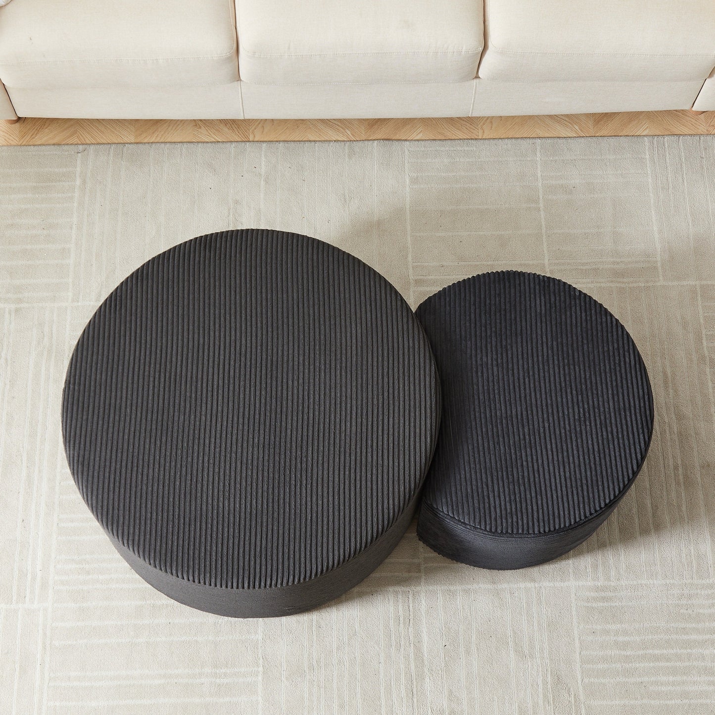 Upholstered Round Coffee Table Set of 2, Black Corduroy Fabric, No Assembly