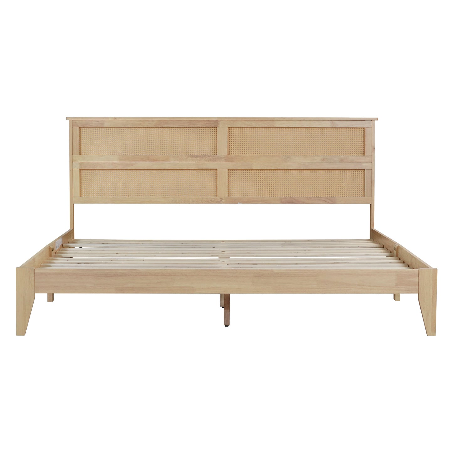 King Size Solid Wood Bed with Rattan Headboard, Rubber Wood Bed with Central