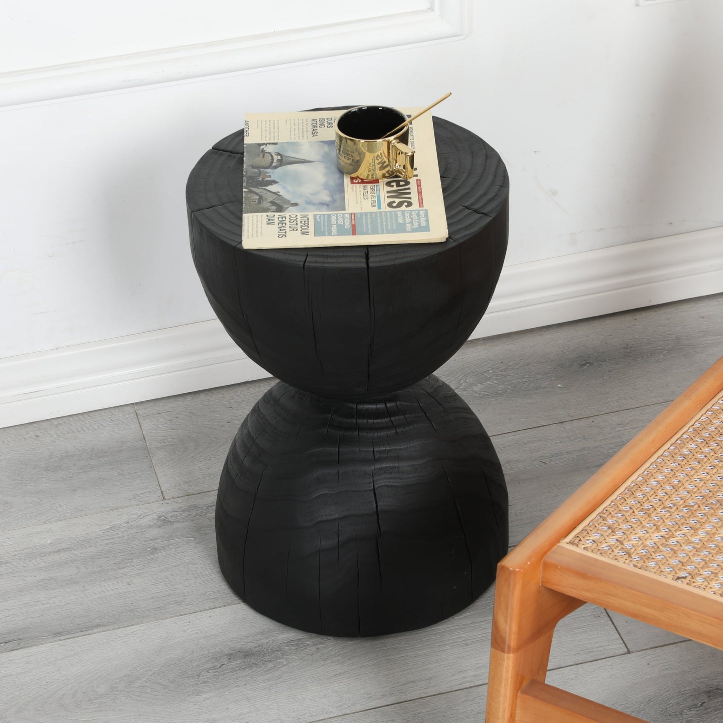 Solid Mango Wood Round Side Table, 12.2x18.11 in, Black, Burnt Vintage Look