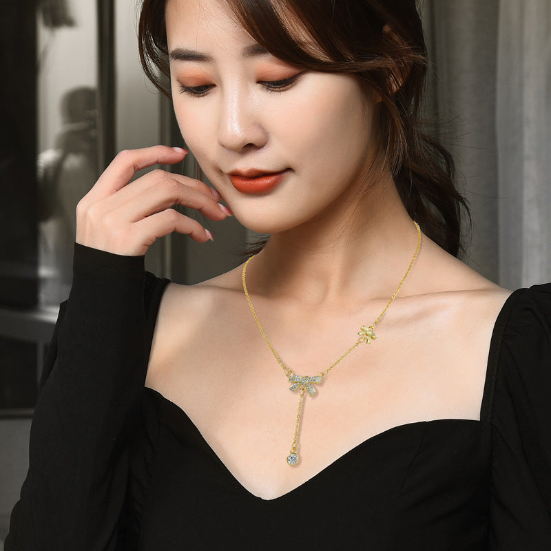 Dainty Pull Adjustable Sweater Chain For Women, Zircon Bow Y-Shape Tassel Long Necklace, Elegant Sweet Fashion Jewelry