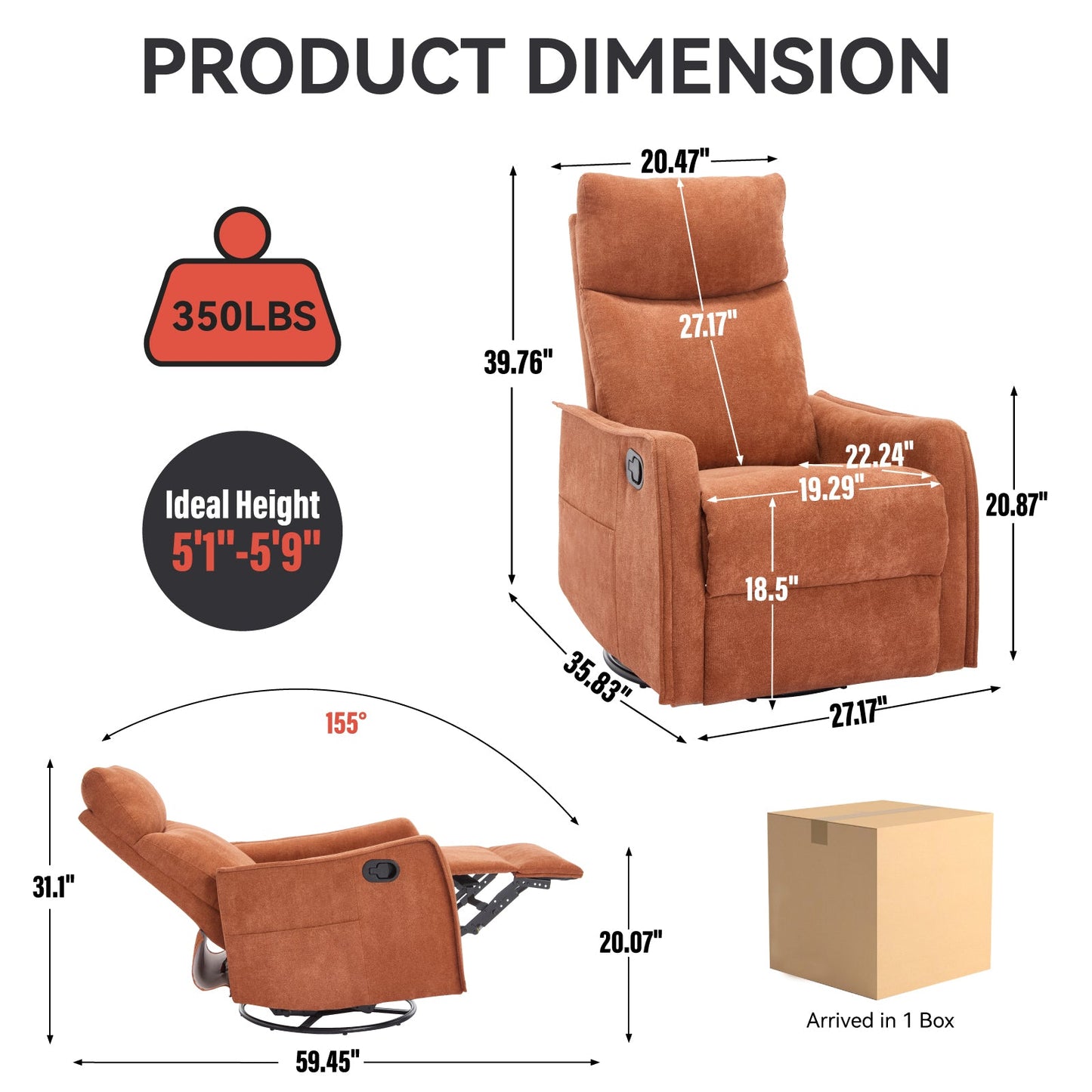 Recliner Chair Swivel Rocker Polyester Orange 360 Degree Heat Massage 155