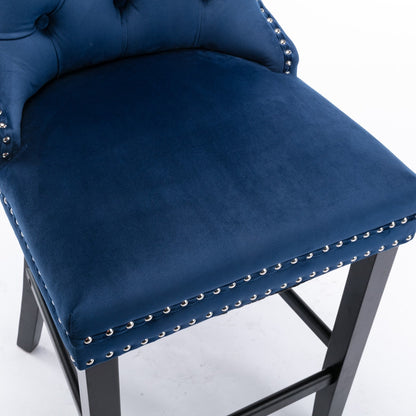 Contemporary Velvet Upholstered Barstools Button Tufted with Wooden Legs Set of 2, Blue