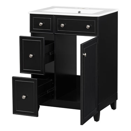 Transitional Bathroom Vanity Cabinet with Ceramic Sink, 24-Inch, Black, Solid...