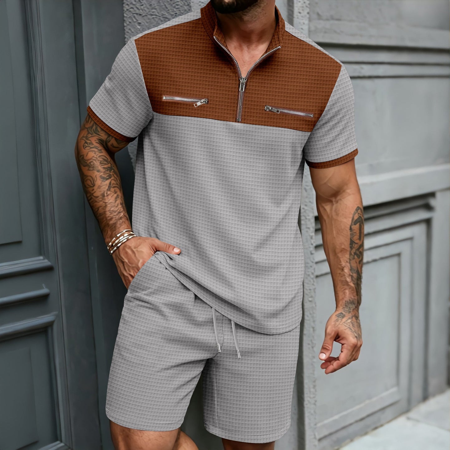 Mens Half-Zip Stand-Neck Short-Sleeve T-Shirt And Shorts Set