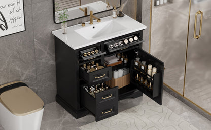36-Inch Bathroom Vanity with Ceramic Sink Top, 4 Drawers and 1 Soft-Close Door