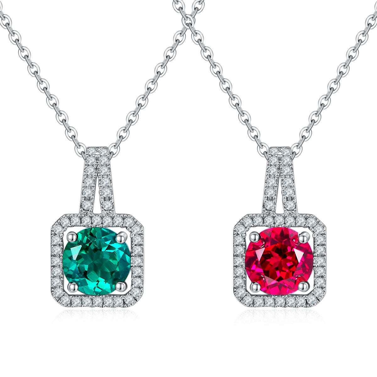 S925 Sterling Silver 2ct Lab-Grown Ruby Emerald Pendant Necklace, Platinum Plated Square Halo With Split Pave Bail, Women's Fine Jewelry Gift Box