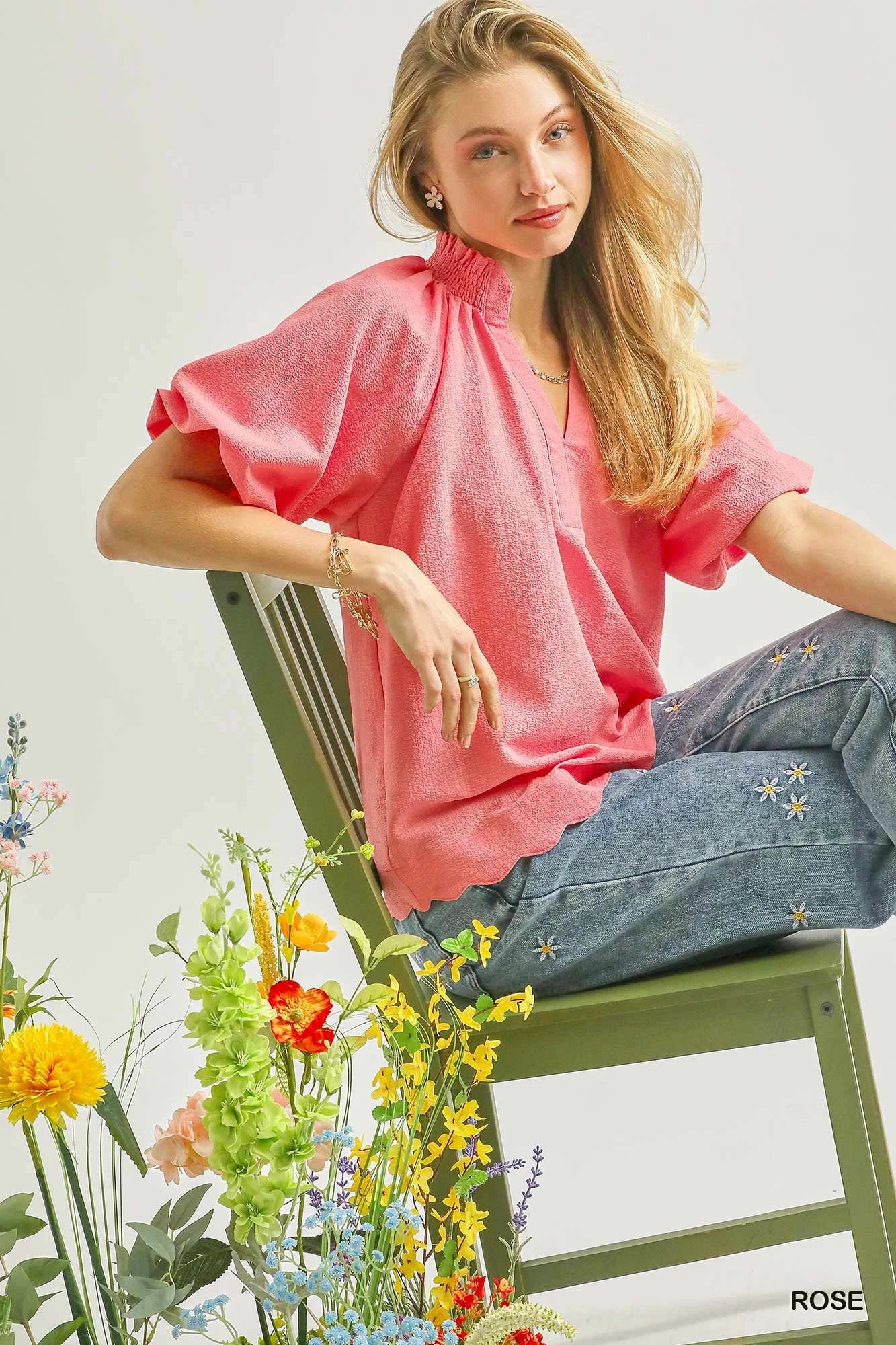 Umgee Scalloped Hem Textured Blouse