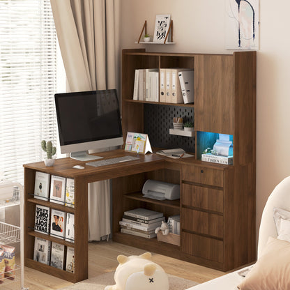L Shaped Desk with Charger,Computer Desk with Drawers,Bookshelf, with LED Lig...