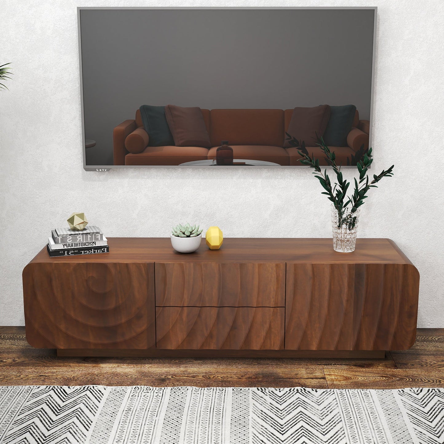 TV Stand Floating Base Spiral Wave Walnut for 60" TVs