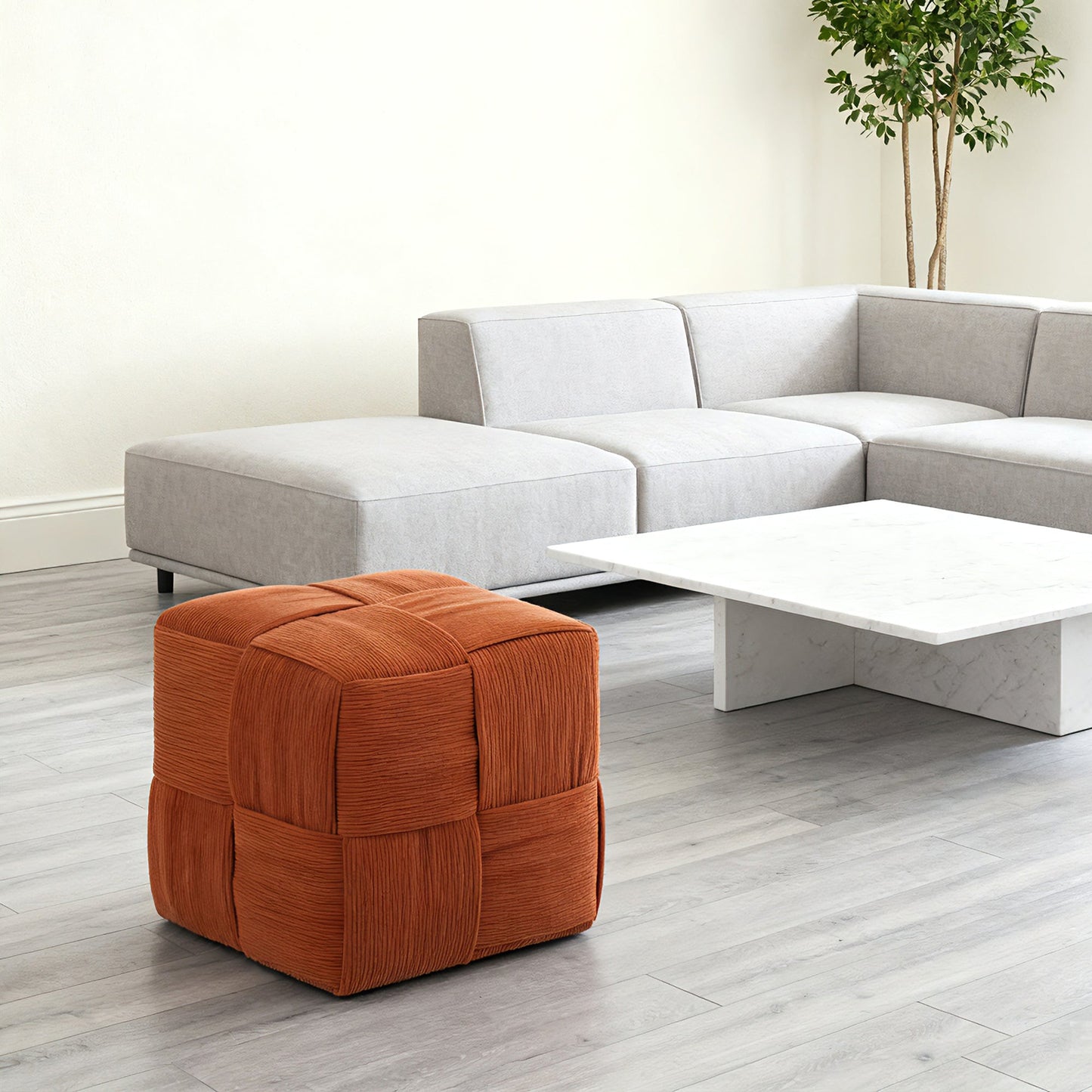Brown Square Corduroy Ottoman Foot Rest with Woven Design and High-Resilience