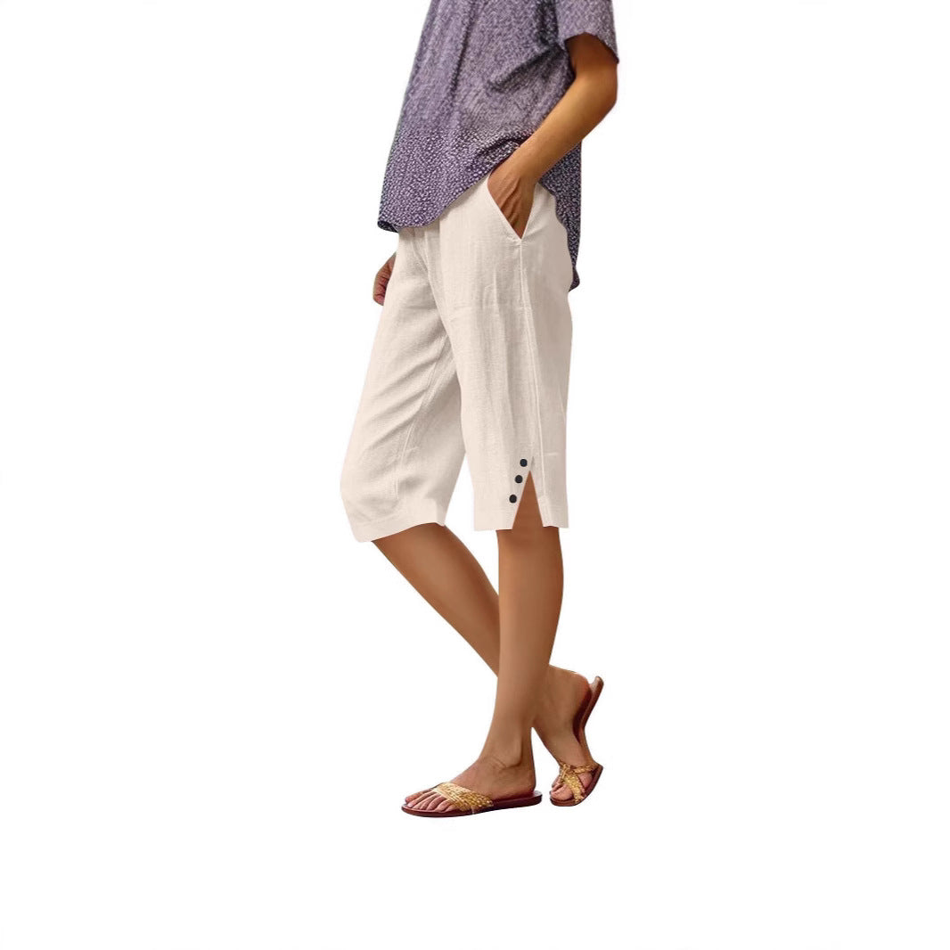 Casual Loose-fit Cotton-linen Drawstring Shorts With Pockets