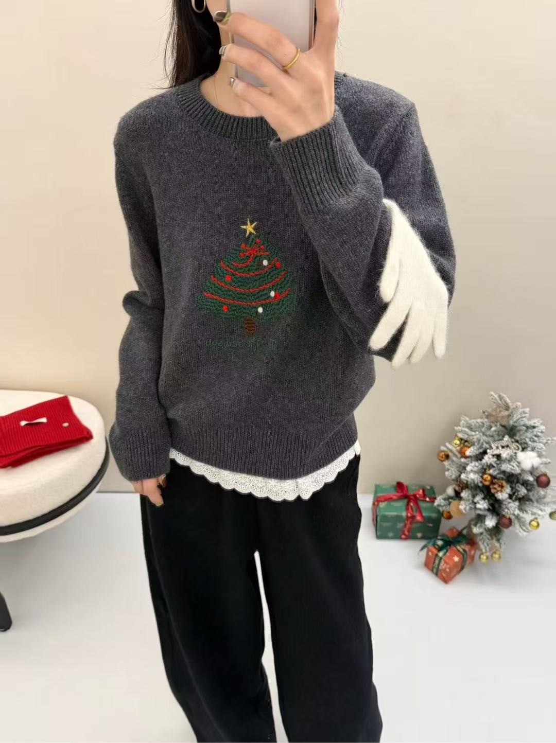 Womens Christmas Tree-Print Thermal Lace-Patchwork Sweater Preppy-Style Pullover Sweater