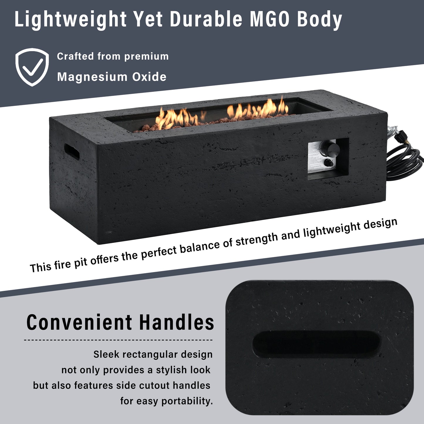 Rectangular Propane Fire Pit 40000 BTU 41.9" Black Gray MGO