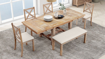 Farmhouse 82inch 6-Piece Extendable Dining Table with Footrest, 4 Upholstered