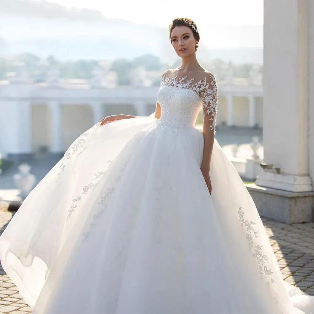 Bridal mesh long sleeve embroidered wedding dress