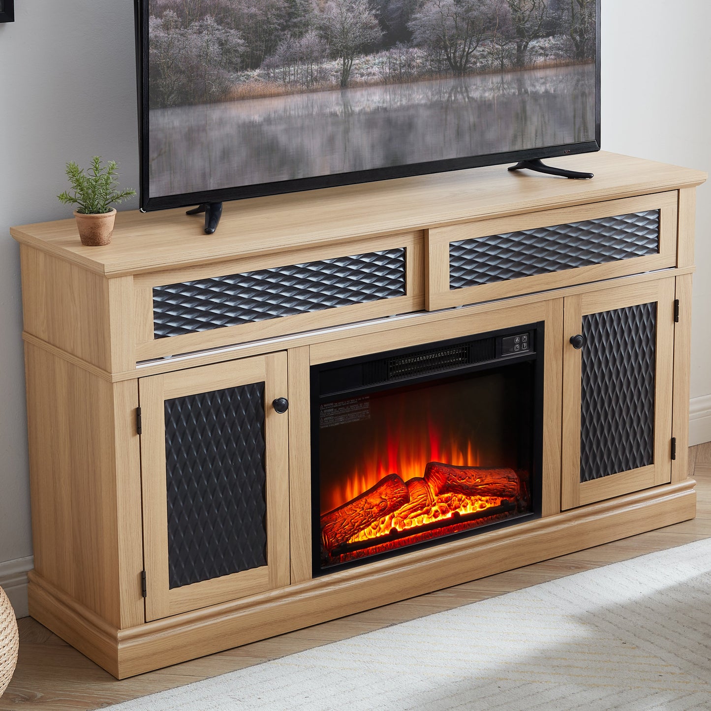 TV Stand Fireplace Light Oak MDF Embossed Doors 1400W Fits 65 In TV 58.27 In