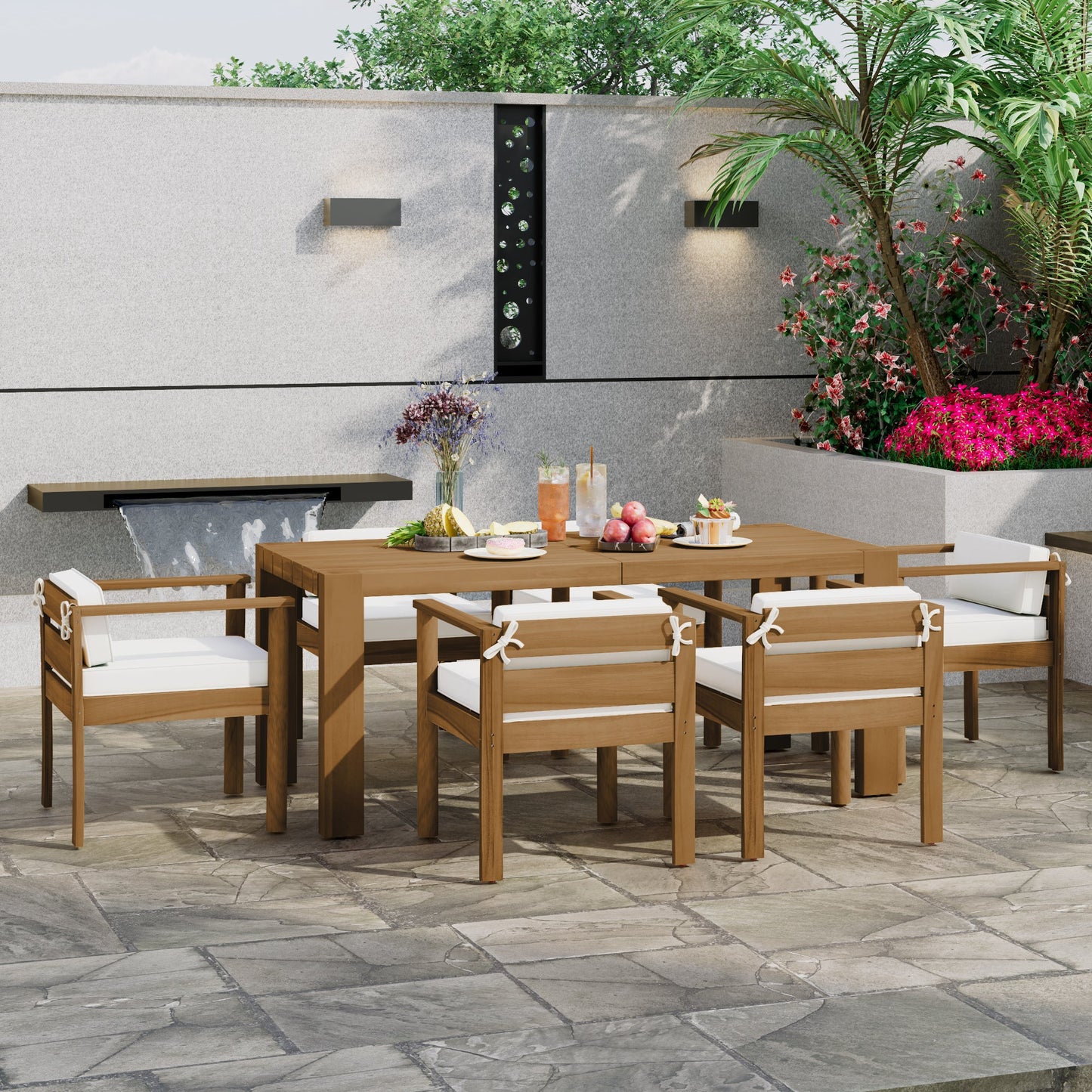 Outdoor Dining Set Acacia Wood Light Teak 7 Piece Rectangle Seats 6