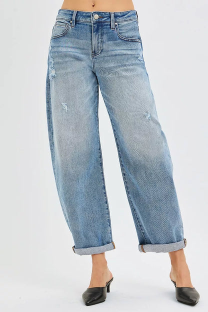 RISEN Full Size Slouchy Ankle Length Barrel Jeans with Cuffs Plus Size
