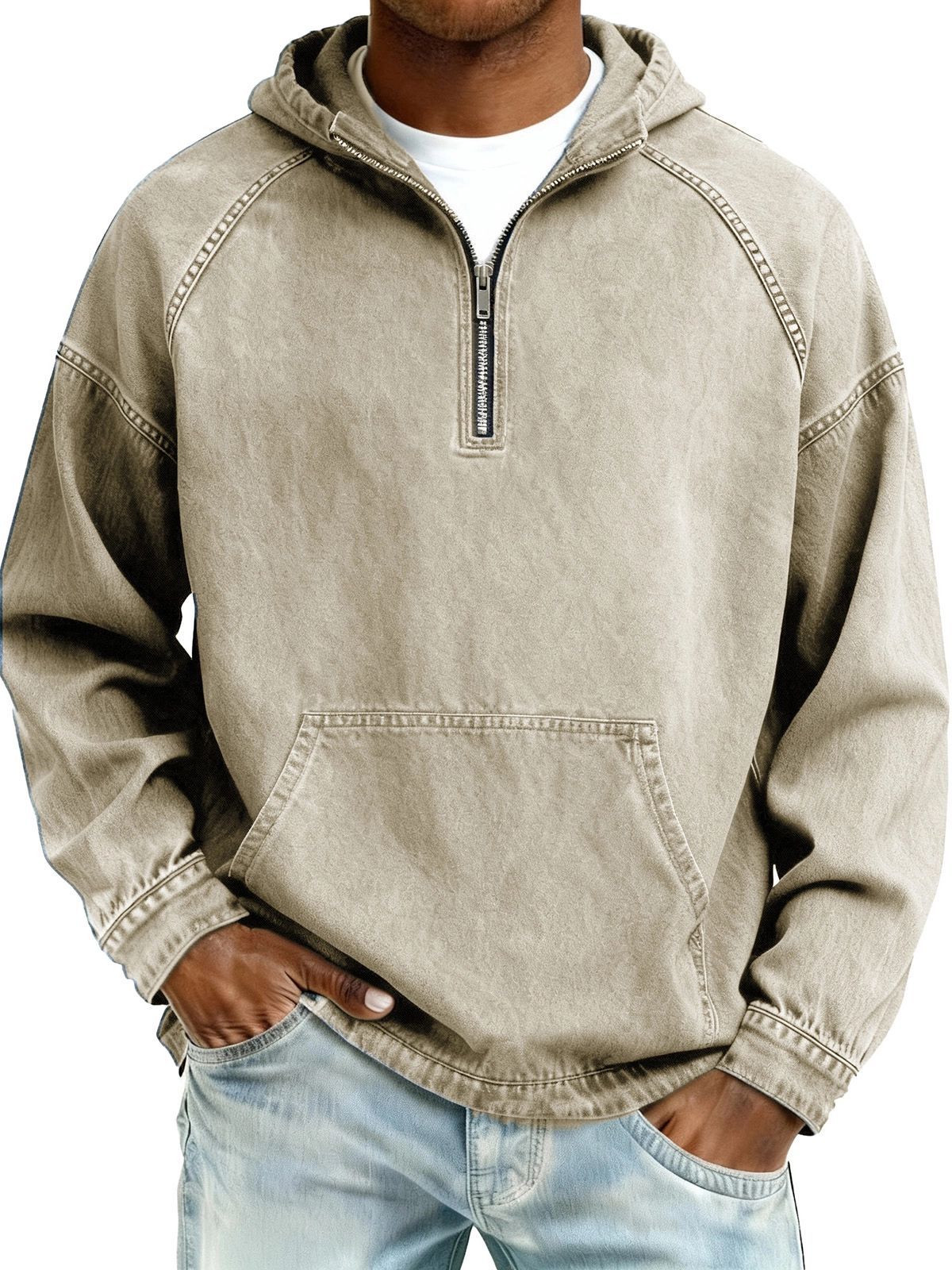 Mens Solid-Color Casual Hooded Zip-Up Sweatshirt