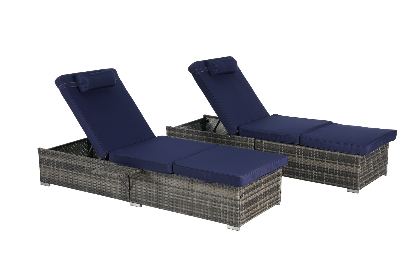 Outdoor Chaise Lounge Chair Set of 2, Rattan Storage Patio Pool Chairs with Cushion