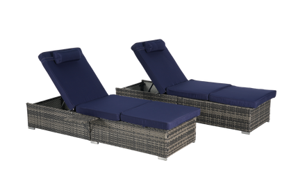 Outdoor Chaise Lounge Chair Set of 2, Rattan Storage Patio Pool Chairs with Cushion