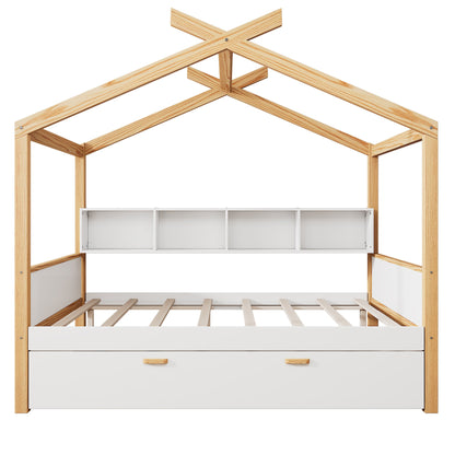 White Full Size Wooden House Bed with Two Drawers and Bookshelf Storage