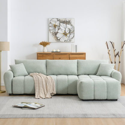 Sectional Sofa L-Shape Boucle Light Green 4 Seat Ottoman 110 In