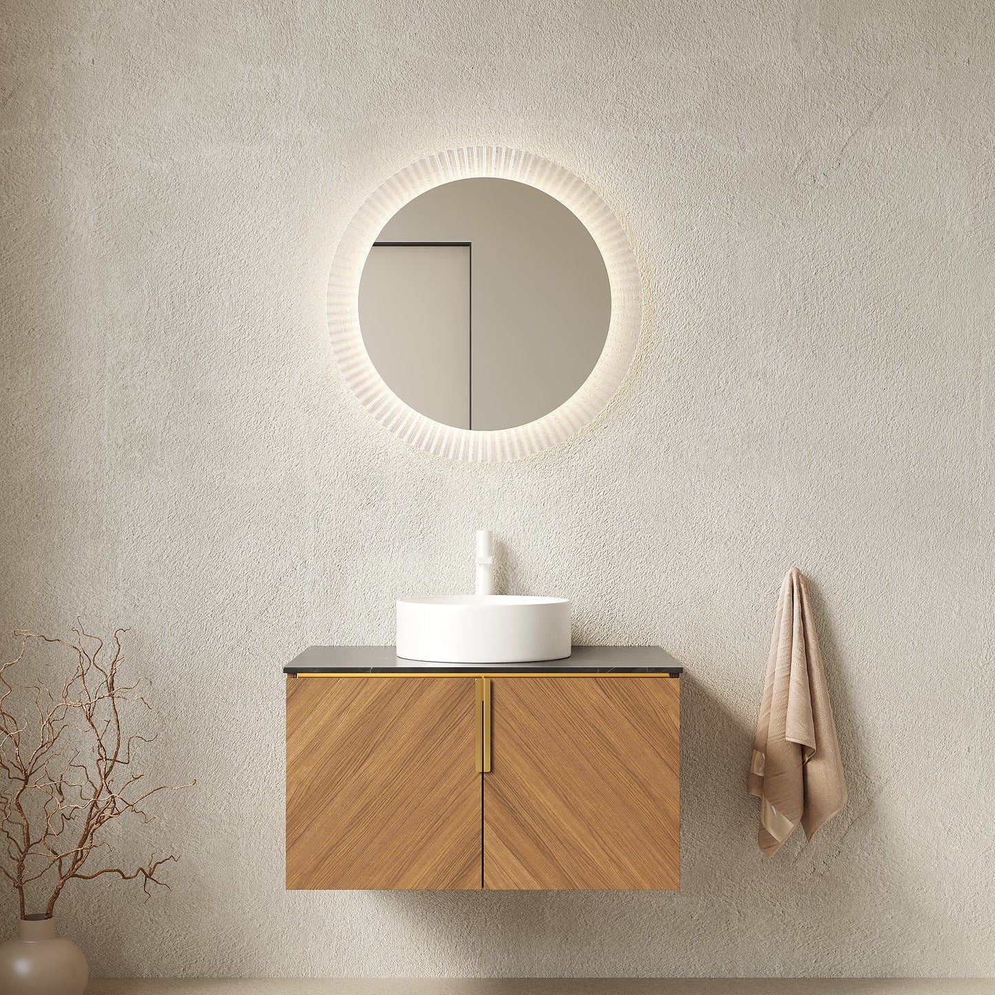 30' Bathroom Vanity with Sink, Wall-Mounted Plywood Cabinet Black Sintered Stone Top