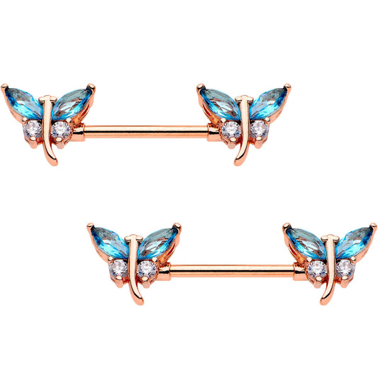 9/16 Aqua Gem Rose Gold PVD Double Dragonfly Barbell Nipple Ring Set